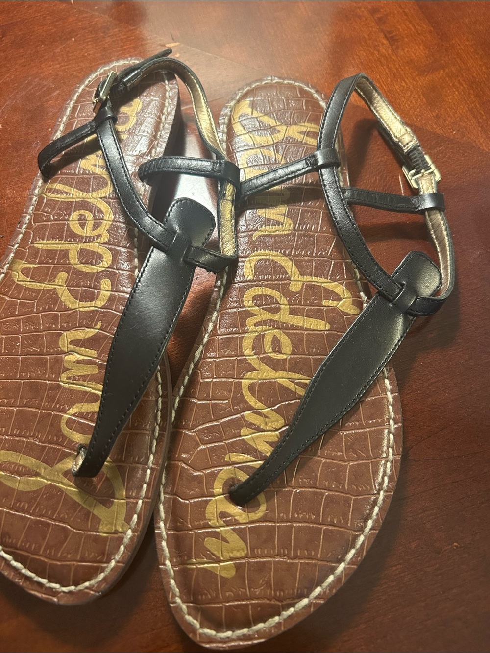 Sam Edelman Black Leather T-Strap Sandals with Brown Footbed